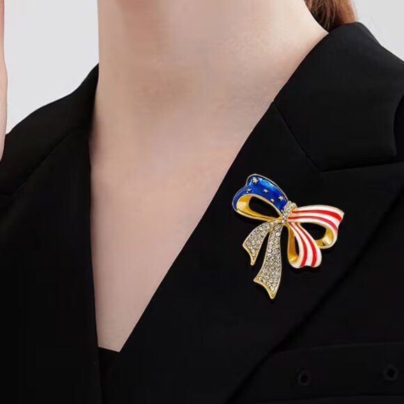 American Flag Patriotic Bow Brooch Lapel Pin USA Patriotic Fashion Jewelry - Picture 3 of 5